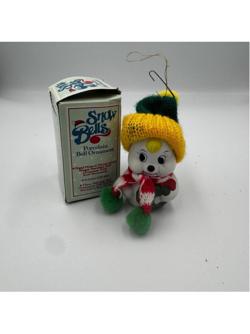 Vintage Snow Bells Porcelain Bell Ornament Snowman Box Christmas Decor 80s